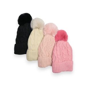 NWT Women Cable Knit Pom Beanie Hat Lined Cuff Winter Skull Cap One Size